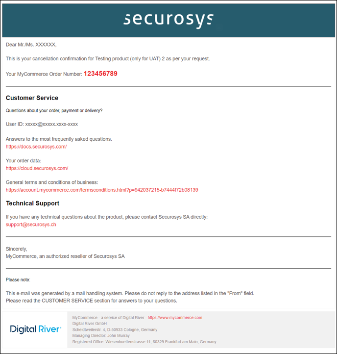 MyCommerce Email Cancellation Confirmation