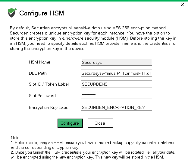 ConfigureHSM Dialog